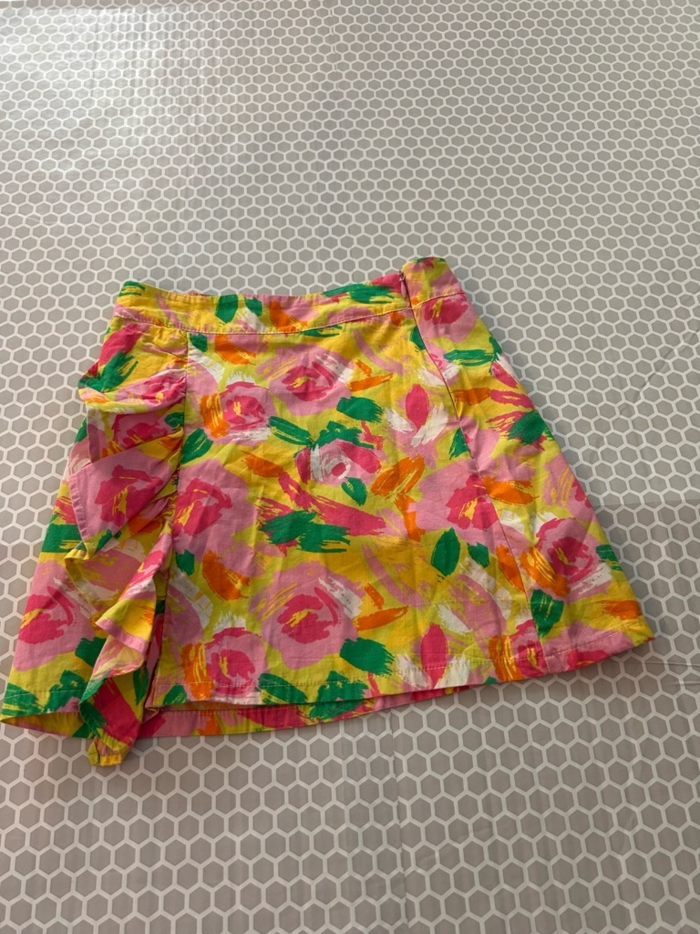 Bright Floral Faux Wrap Skirt in Pink and Yellow.  Size 8/9